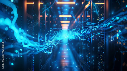 Abstract futuristic server room with blue neon lights. Technology concept. 3D Rendering
