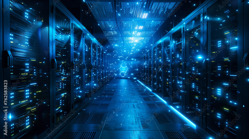 3D rendering of server room data center with bright glowing lights.