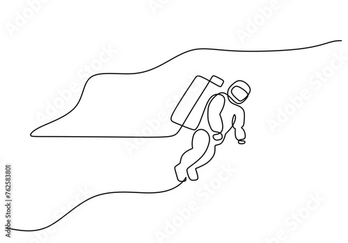 Single continuous line drawing of Astronaut discovering spacewalk