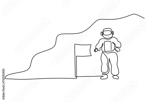Single continuous line drawing of Astronaut with flag spacewalk