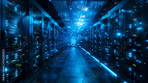 3D rendering of server room data center with bright glowing lights.