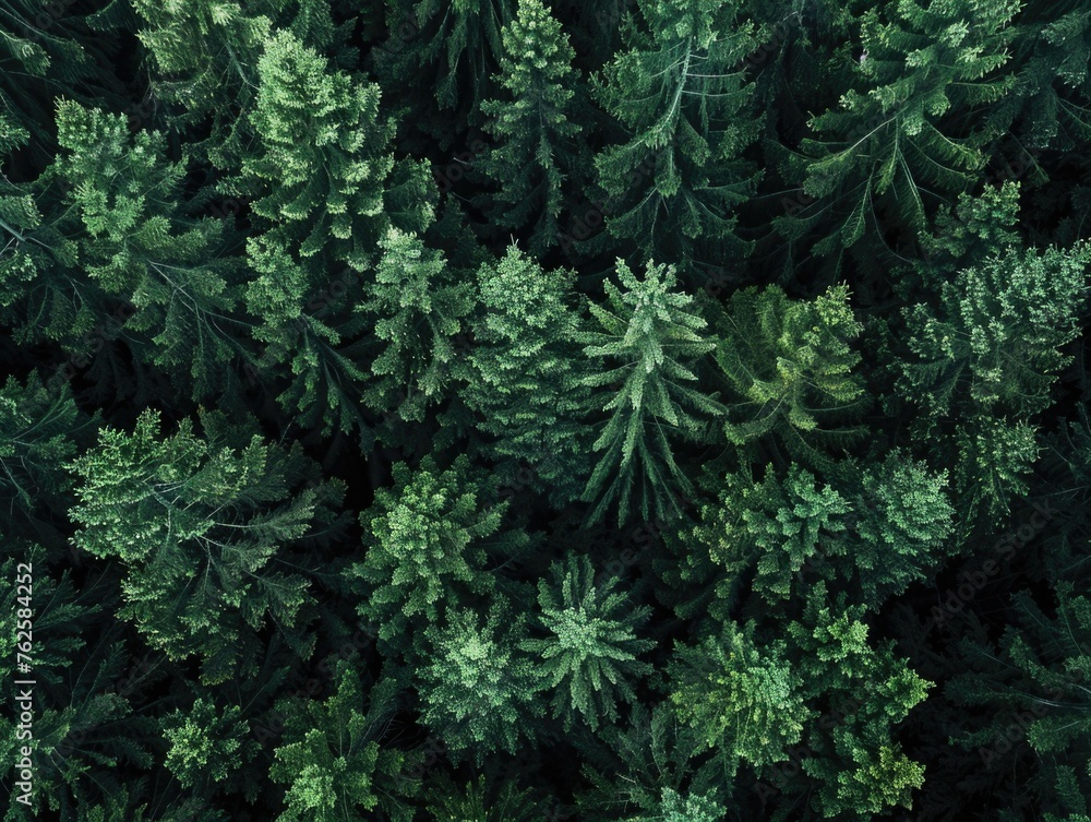 An aerial view of a dense, green forest with a multitude of coniferous trees. The perspective gives a sense of the forest's vastness and the lushness of the trees