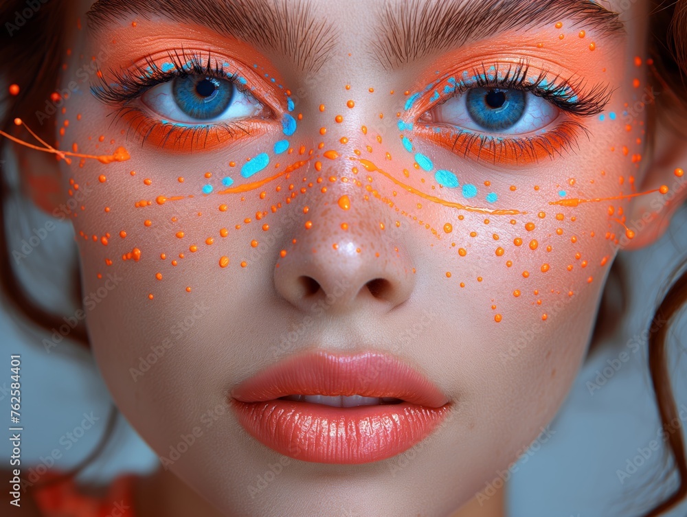 Close-up of a young girl with intricate colorful makeup