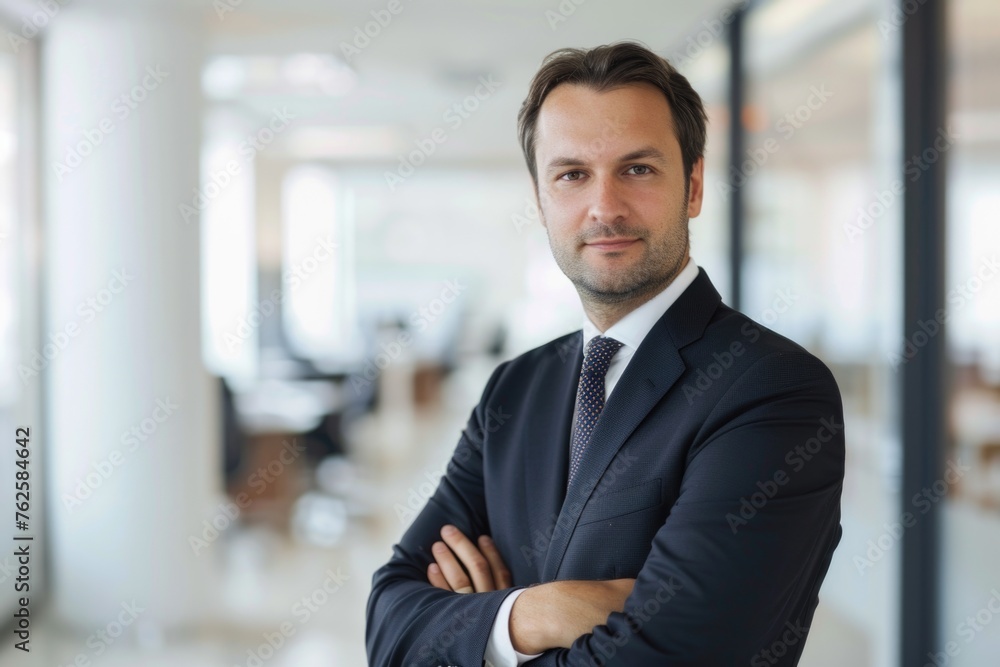 A businessman in a suit, standing with crossed arms, with a bright office environment in the background, giving a sense of professionalism and approachability A businessman in a suit, standing with crossed arms, with a bright office environment in the background, giving a sense of professionalism and approachability