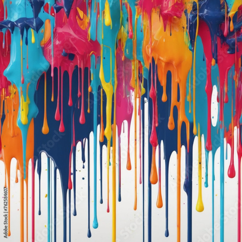 Colorful paint drips in various hues against a white background, creating a vibrant and dynamic visual effect.