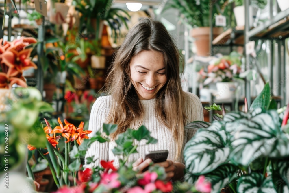 A smiling woman in a florist shop using her phone, surrounded by plants and flowers, representing a small business owner engaging in commerce or customer service