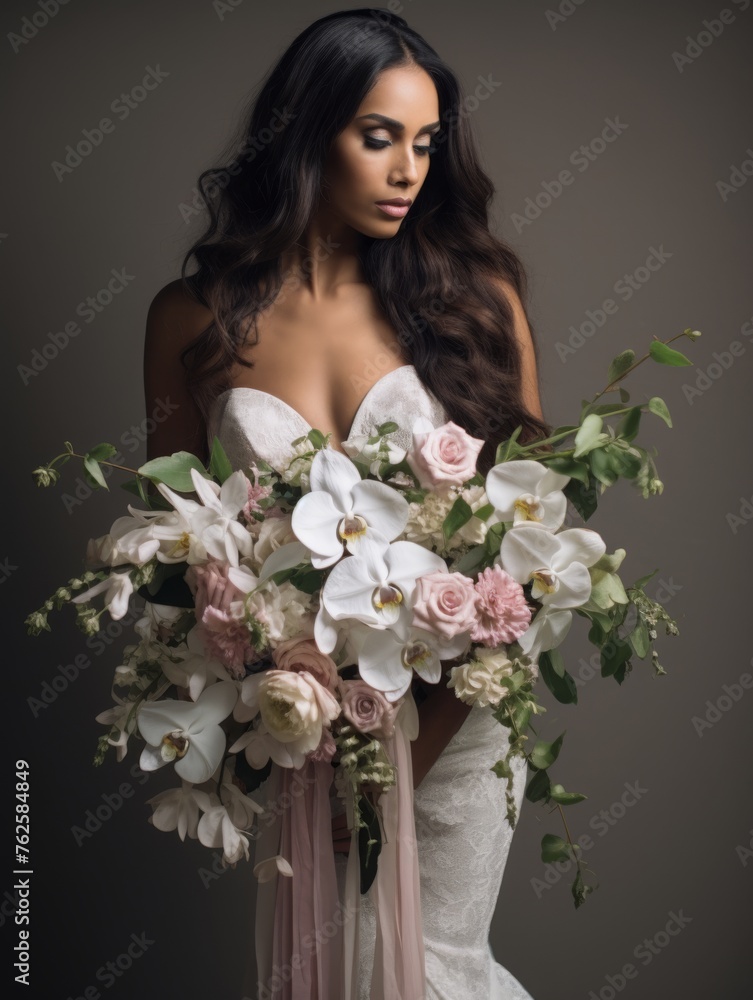 Bride with a magnificent bouquet of flowers in a dark environment Bride with a magnificent bouquet of flowers in a dark environment