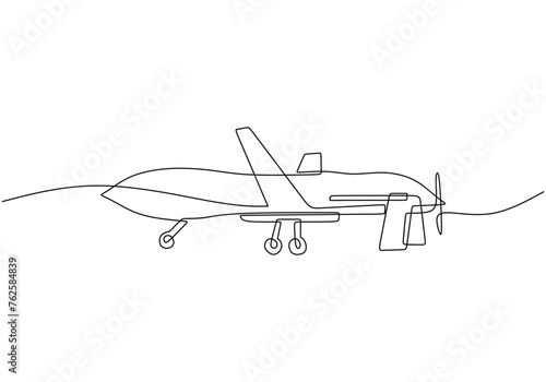 One single line drawing of flying drone airplane, unmanned plane