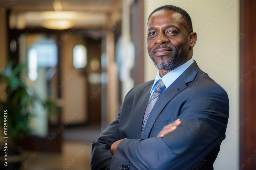 A confident and happy African American business executive in an office setting, arms crossed, conveying professionalism, success, and leadership A confident and happy African American business executive in an office setting, arms crossed, conveying professionalism, success, and leadership