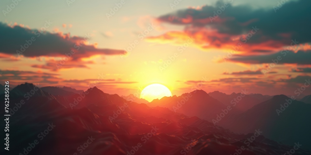 Beautiful sunset over mountain range with large sun in sky. Sky is filled with clouds, giving scene serene and peaceful atmosphere