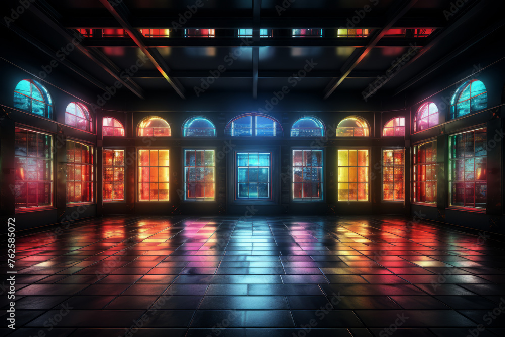 Large room with many windows, each with different color. Room is lit up with neon lights, creating vibrant and energetic atmosphere