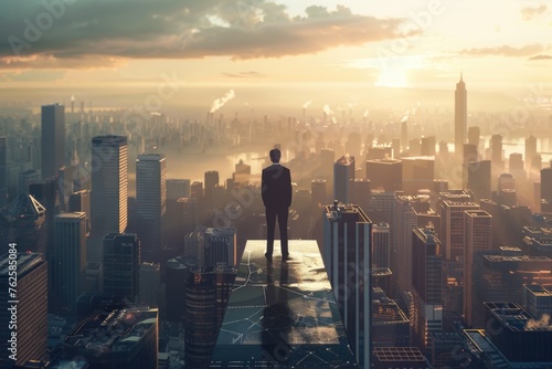 A businessman standing on a rooftop overlooking a cityscape, possibly reflecting on success or contemplating future endeavors