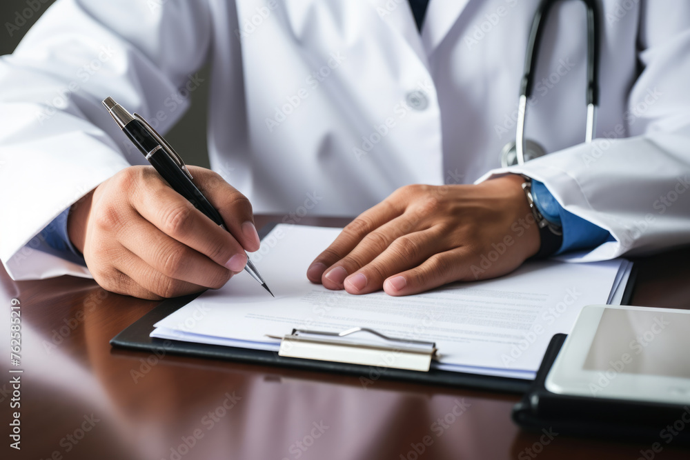 Doctor is writing on piece of paper with pen. Doctor is wearing white coat and has stethoscope around his neck. Scene suggests professional and serious atmosphere Doctor is writing on piece of paper with pen. Doctor is wearing white coat and has stethoscope around his neck. Scene suggests professional and serious atmosphere