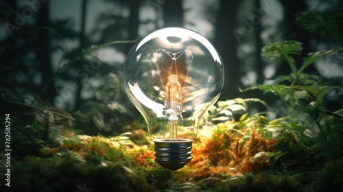 Light bulb is lit up in forest setting. Light bulb is surrounded by moss and leaves, giving it natural and organic feel. Concept of warmth and comfort