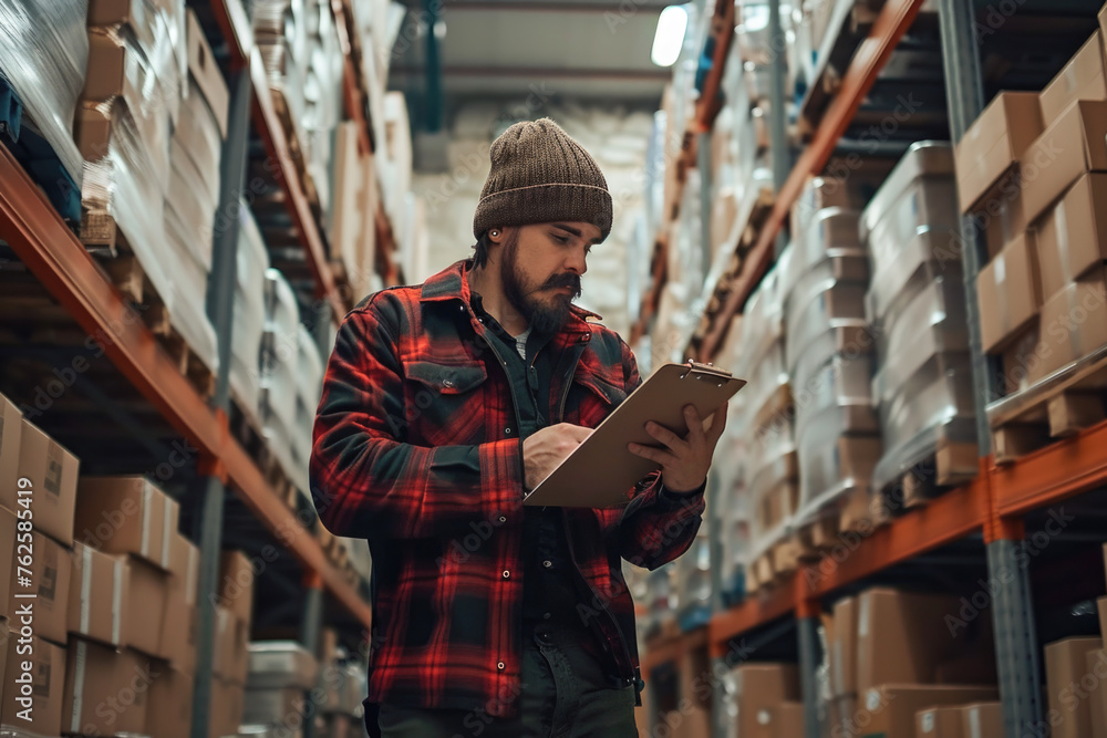 A man in a warehouse checking boxes with a clipboard in hand, indicating a managerial or supervisory role in a logistical setting