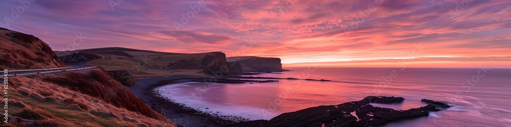 Ocean coast with highway at sunset