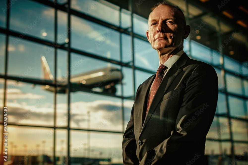 A businessman at an airport with an airplane in the sky visible through the window, portraying travel or international business A businessman at an airport with an airplane in the sky visible through the window, portraying travel or international business