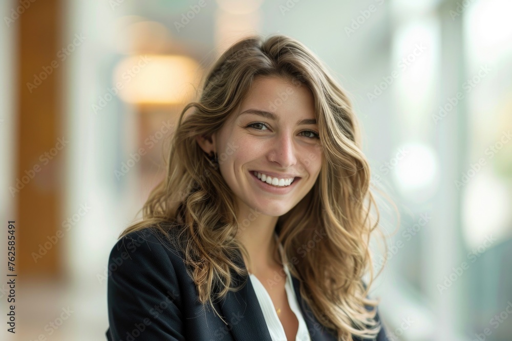 A smiling businesswoman looking at the camera, her confident stance and attire suggesting a professional or corporate setting A smiling businesswoman looking at the camera, her confident stance and attire suggesting a professional or corporate setting