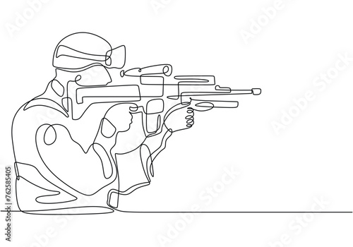 Continuous one single line drawing of soldier with weapon