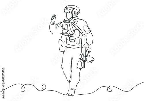 Continuous one single line drawing of soldier with weapon