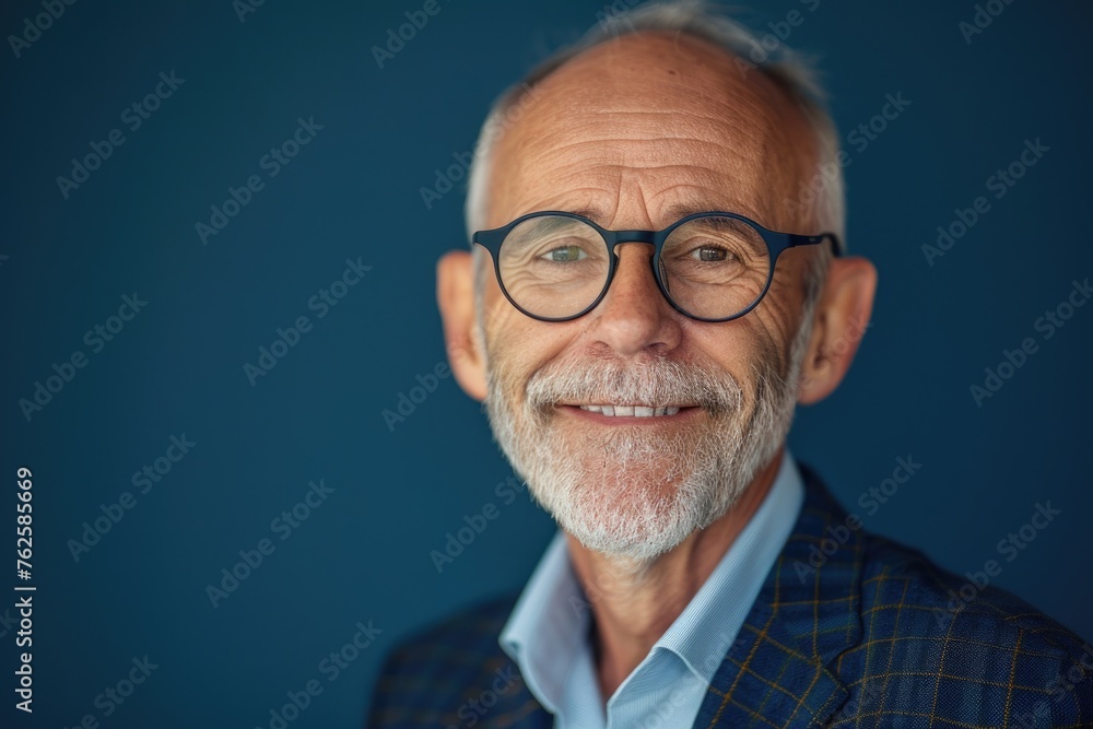 A mature businessman with spectacles, smiling at the camera, suggesting an inviting and experienced professional environment