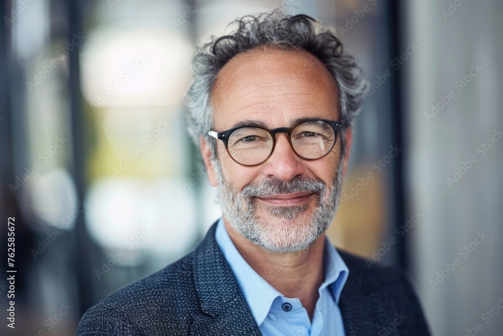 A mature businessman with spectacles, smiling at the camera, suggesting an inviting and experienced professional environment A mature businessman with spectacles, smiling at the camera, suggesting an inviting and experienced professional environment