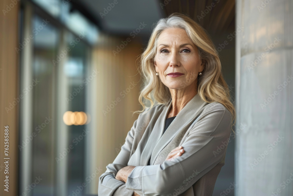 a mature Caucasian woman, likely in her 50s or 60s, standing with her arms crossed. She exudes a professional and successful aura. a mature Caucasian woman, likely in her 50s or 60s, standing with her arms crossed. She exudes a professional and successful aura.
