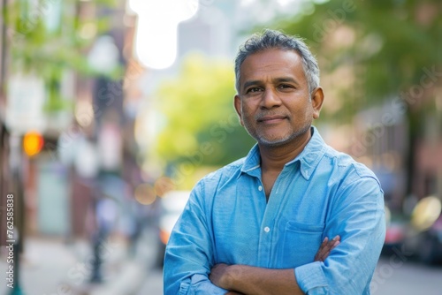 a middle-aged Eastern or South Asian man in a casual blue shirt, arms crossed, standing outdoors. He seems to be gazing into the distance, which, combined with the cityscape background,