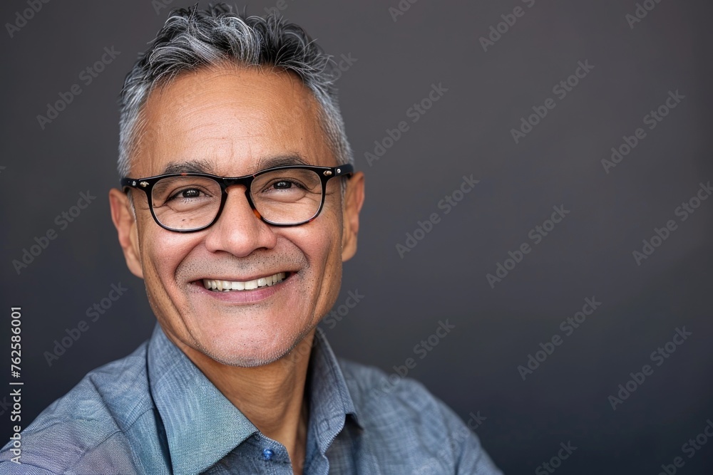 A portrait of a mature businessman wearing glasses, likely of Latin ethnicity. The camera angle is direct, and the neutral grey background focuses attention on his engaging smile