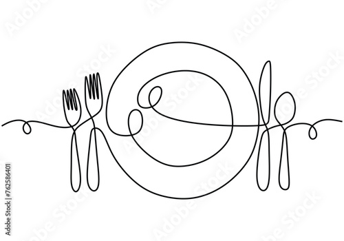 One continuous single line drawing of plate, spoon, fork and knife