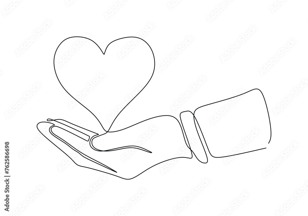 Continuous one line drawing hand holding heart Charity symbol Stock ...