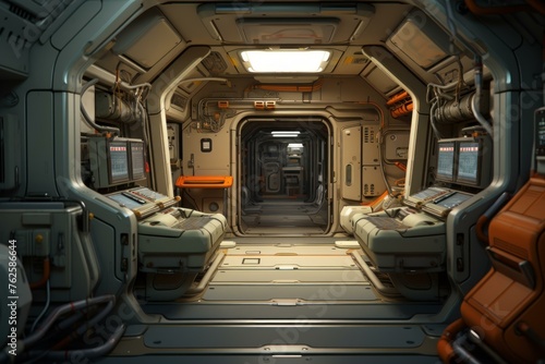 Spaceship interior. Science dark future. Generate Ai