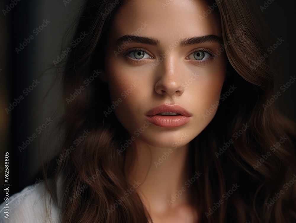 Fototapeta premium Woman with long brown hair and green eyes. She is wearing white shirt. Image has moody and dramatic feel to it