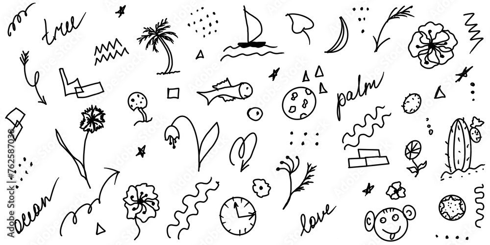 Colorful doodle illustration hand drawn, memphis style, splashes, background