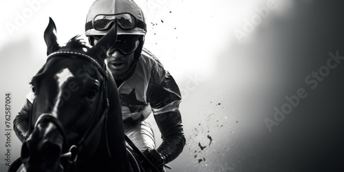 Jockey is riding horse in race. Horse is black and jockey is wearing helmet. Image has mood of excitement and anticipation, as jockey is preparing to race