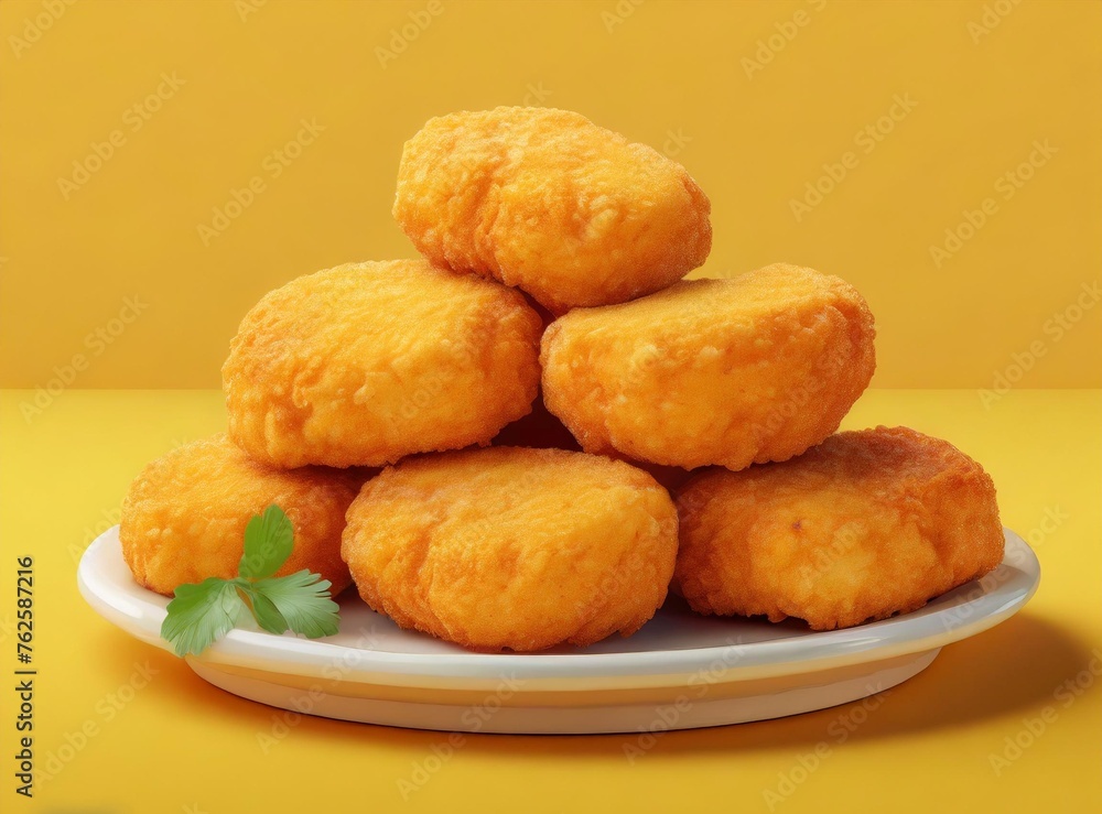 Chicken nuggets isolated on yellow background. 3d rendering, illustration design.