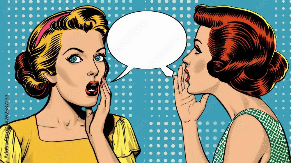 Gossip woman whispering secret or news in ear of surprised person with speech bubble, rumour, word-of-mouth. Pop art retro comic style illustration.