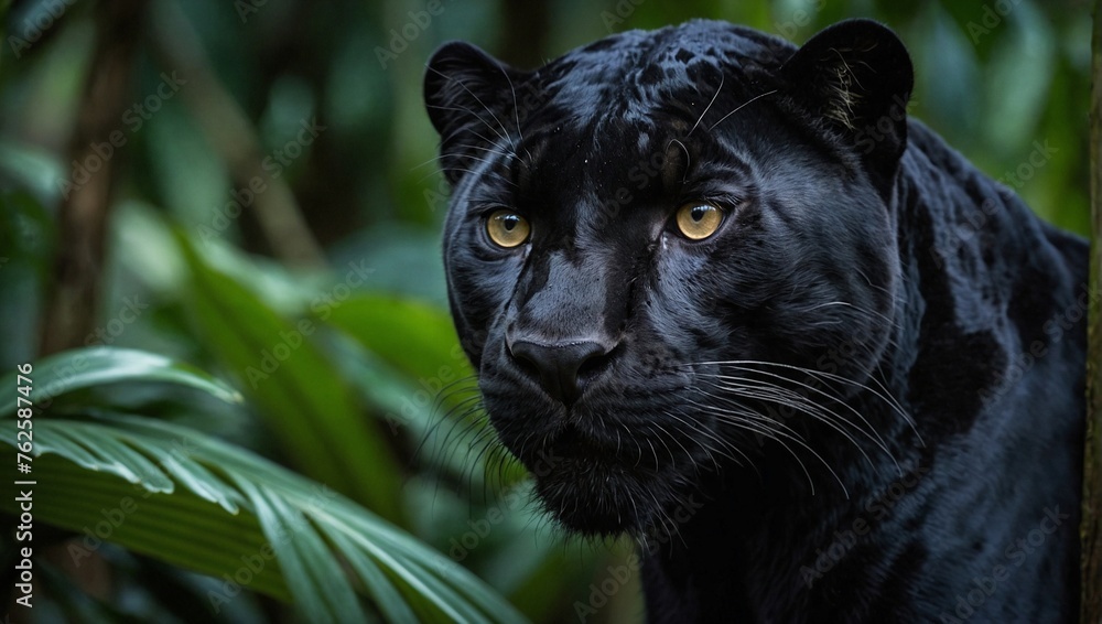 Elegant and agile black panther staring alertly in tropical rainforest