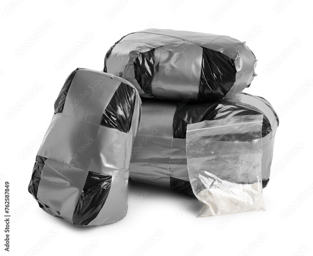 Packages with narcotics isolated on white. Drug addiction - obrazy, fototapety, plakaty 