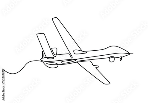 One single line drawing of flying drone airplane, unmanned plane