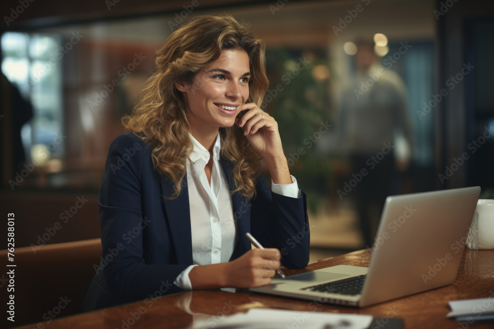 Woman is sitting at desk with laptop and pen. She is smiling and she is in good mood Woman is sitting at desk with laptop and pen. She is smiling and she is in good mood