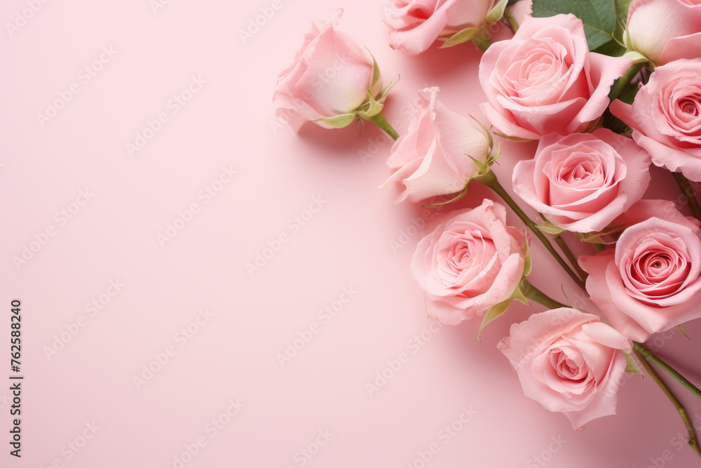 Pink roses are arranged in row on pink background. Roses are in full bloom and are focal point of image. Pink background creates soft and romantic mood Pink roses are arranged in row on pink background. Roses are in full bloom and are focal point of image. Pink background creates soft and romantic mood