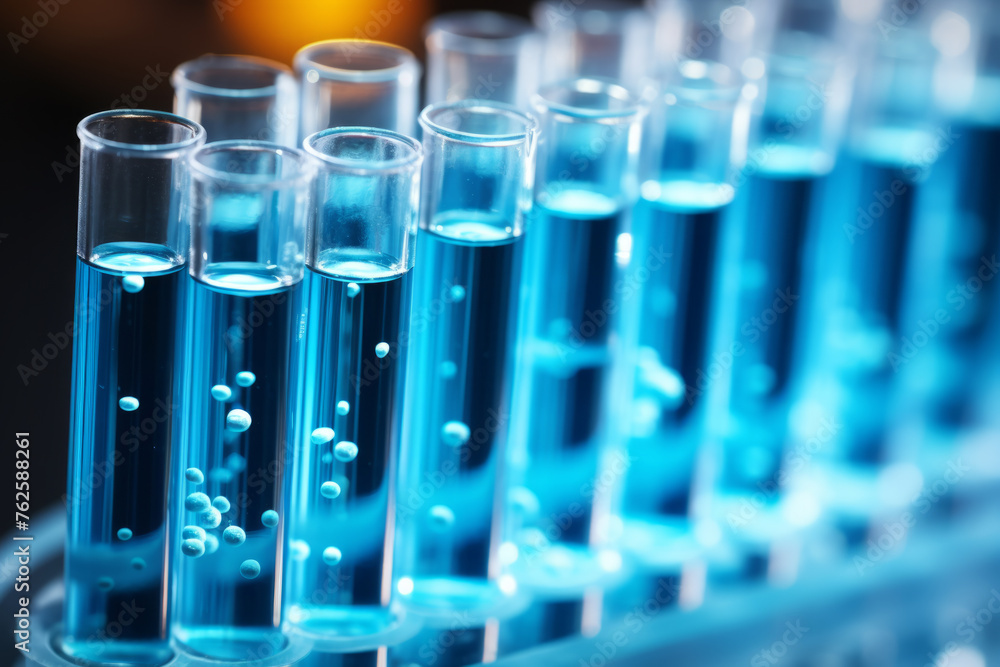 Row of blue test tubes filled with blue liquid. Tubes are lined up next to each other, and liquid inside them is bubbling. Concept of scientific experimentation and discovery