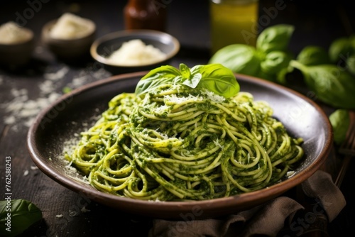 Spaghetti spinach pesto. Garlic italian food sauce dinner. Generate Ai
