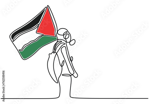 Hand drawn of man with mask bring Palestinian flag in one line art