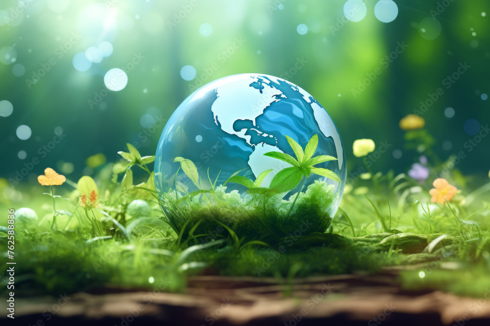 Globe is surrounded by lush green field. Globe is made of glass and is placed on top of grass. Concept of harmony between nature and environment Globe is surrounded by lush green field. Globe is made of glass and is placed on top of grass. Concept of harmony between nature and environment