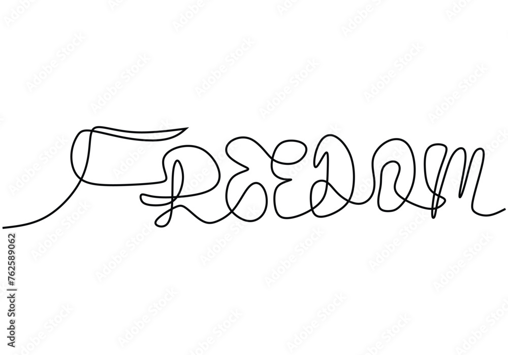 Freedom word in one continuous line art style. Fashion typography quote. Modern calligraphy text.
