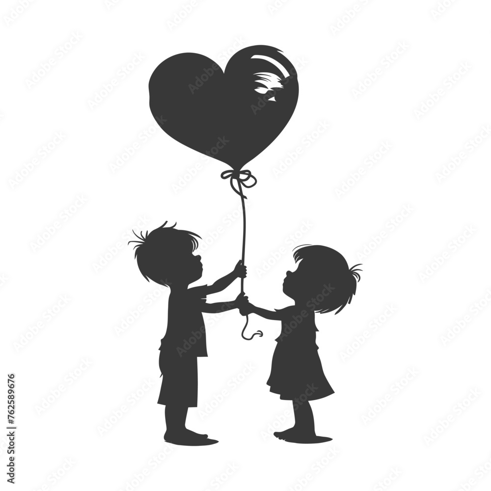 Silhouette Cute baby boys holding heart shape balloon black color only Silhouette Cute baby boys holding heart shape balloon black color only