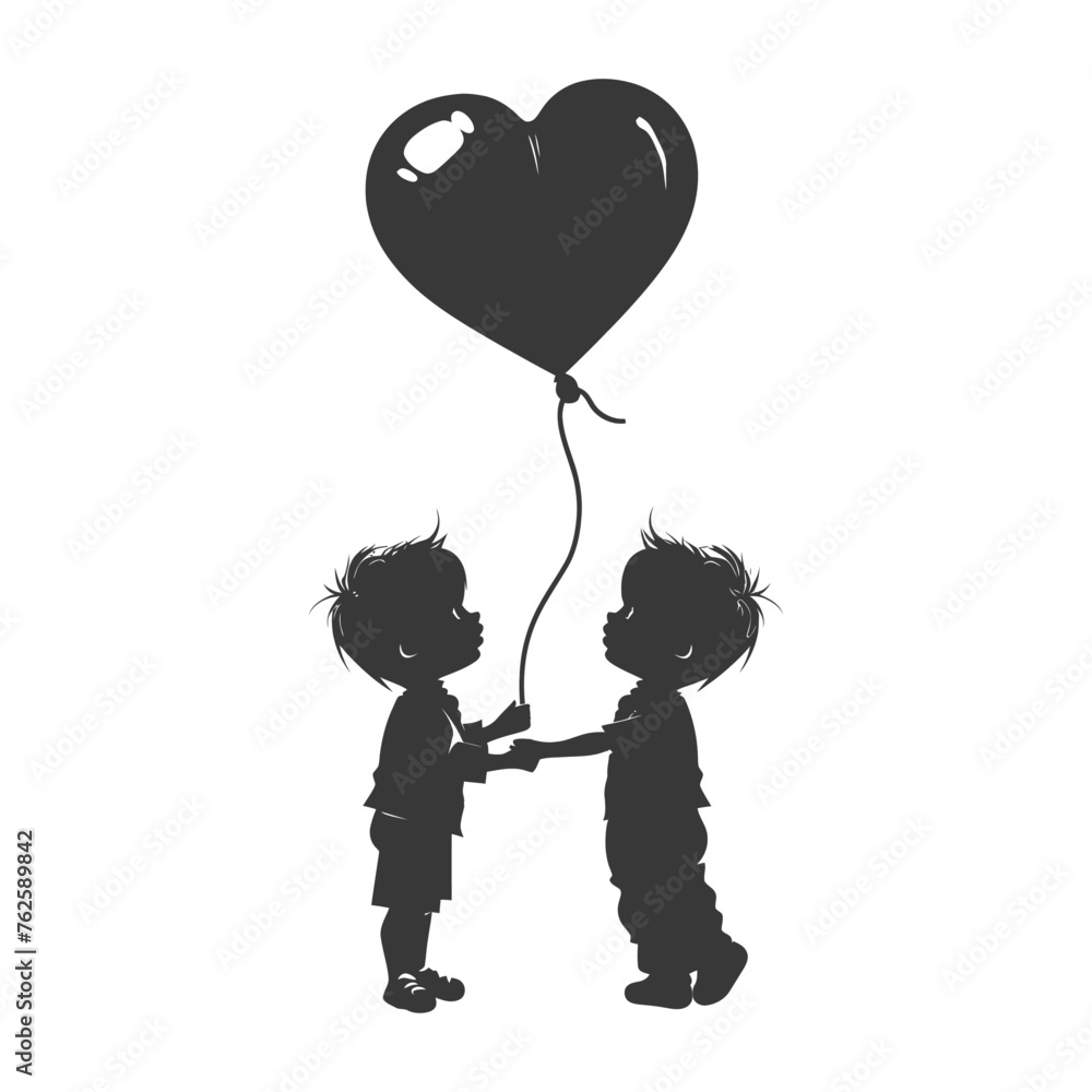 Silhouette Cute baby boys holding heart shape balloon black color only Silhouette Cute baby boys holding heart shape balloon black color only