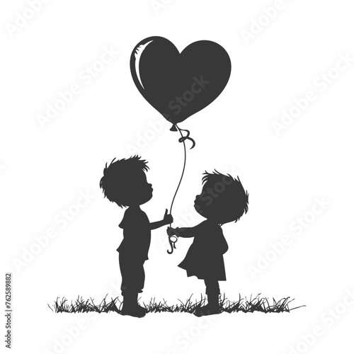 Silhouette Cute baby boys holding heart shape balloon black color only